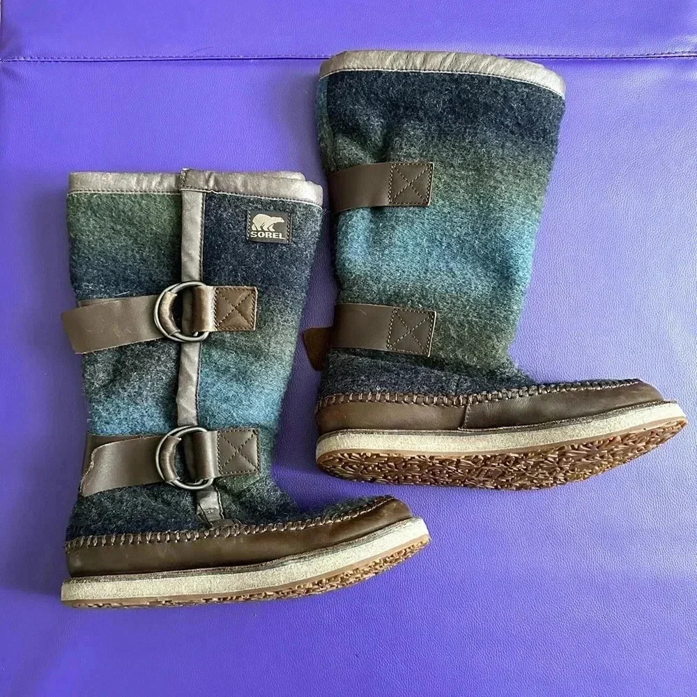 Sorel Chipahko Blanket Boots Women's 7 Wool Blue Ombré Fur Lined Winter Buckles